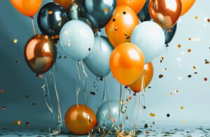 orange, graue, weiße Luftballons und Glitter vor einer hellen Wand